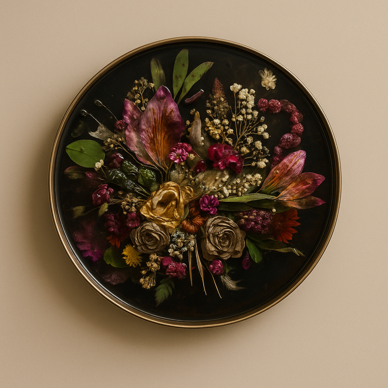 Decorative plate with a colorful arrangement of pressed flowers on a beige background